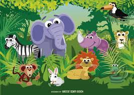 Funny Cartoon Scenery With Jungle Landscape And Animals Nice Animal Cartoons Including Elephant Lion Monkey Illustration Animated Animals Jungle Illustration
