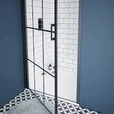 Arezzo 1050mm Wide Matt Black Grid Frameless Pivot Shower Door Stone Resin Tray For Recess Victorian Plumbing Uk In 2021 Shower Doors Black Shower Tray Grid Shower