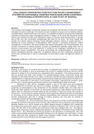 Journal of construction in developing countries, 14(1), pp. Pdf Journal Of Building Performance Challenges Confronting Construction Project Management System For Sustainable Construction In Developing Countries Professionals Perspectives A Case Study Of Nigeria