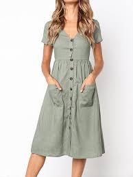 V Neck Patch Pocket Single Breasted Plain Skater Dress Mid Calf Dresses Casual Dresses For Women