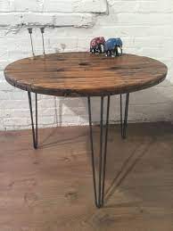 Our Reclaimed Pine Cable Drum Dining Tables On Our Aged Steel Hairpin Legs Rust Industrial Dining Table Wooden Kitchen Table Reclaimed Wood Round Dining Table