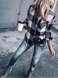 Black And White Plaid Shirt Womens Black White Plaid Single Breasted Pockets Long Sleeve Turndown Collar Casual Blouse In 2020 Checked Shirt Outfit Women Plaid Shirt Outfits Plaid Shirt Women