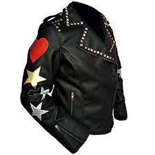 Love In Fashion Biker Black Leather Jacket With Red Heart Golden Stars Xxxl Leatherjackets Leat Leather Jacket Leather Jacket Style Leather Jacket Black