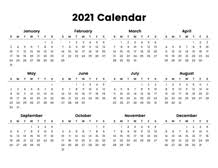 The 12 months of 2021 on one page. Full Year Calendar 2021