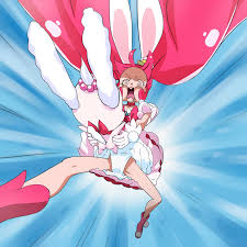 haruyama kazunori, cure whip, pekorin (precure), usami ichika, kirakira  precure a la mode, precure, 10s, 1girl, @ @, animal ears, carrying, choker,  falling, long hair, magical girl, open mouth, pink hair, rabbit