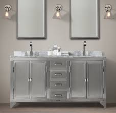 Corner units toilet roll cabinets mirror cupboards with lights. 1930s Laboratory Stainless Steel Double Vanity