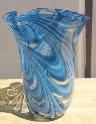 New 11 Hand Blown Glass Murano Art Style Vase Blue Handkerchief Ruffle Fluted Blown Glass Art Glass Blowing Hand Blown Glass