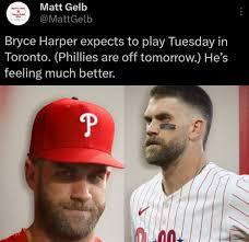 Some good news. Bryce harper is expected to be back in the lineup Tuesday  for the Toronto series.