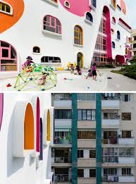 Unique Window Shapes And Pops Of Color Create An Exciting Learning Environment For This Kindergarten Learning Environments Kindergarten Lesson Plans Facade
