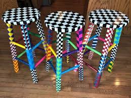 Black And White Checkered Bar Stools Whimsical Painted Bar Stool Set Of 3 Hand Painted Checker Etsy In 2020 Whimsical Painted Furniture Hand Painted Stools Painted Bar Stools