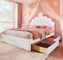 Lit capitonné 140x200 cm avec espace de rangement, lit de rangement avec 2  tiroirs, lit princesse en forme de couronne, tête de lit réglable, PU blanc  ...