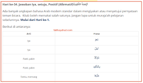 Pelaksanaan mata pelajaran bahasa arab telah diperkenalkan di peringkat sekolah rendah dengan mewajibkan murid yang beragama islam mengikutinya dan menjadi objektif umum : 34 Cara Menyatakan Setuju Dalam Bahasa Arab Bahasa Arab Modern