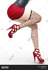 Red high heels with fishnet stockings. Long Slender Sexy Legs Image Photo Free Trial Bigstock