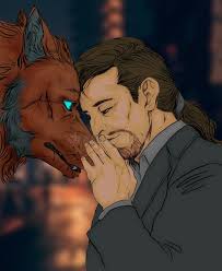 A Man and a Wolf, at Night in the Town Stock Illustration