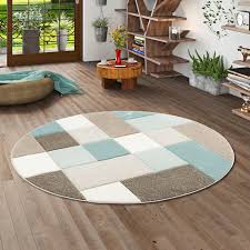 Wohnzimmer teppich türkis blau hochflor shaggy weich robust pflegeleicht. Designer Teppich Maui Pastell Blau Beige Karo Rund