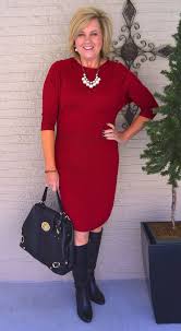 50 Is Not Old Lady In Red Sweater Dress Church Attire Dress Boots Transition Outfit Fashi Clothes For Women Spring Outfits Casual Fashion Over 40