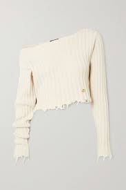 Ivory Off The Shoulder Distressed Ribbed Cotton Blend Sweater Balmain Net A Porter