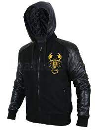 Scorpion Black Hooded Jacket With Leather Sleeves Leather Jacket Men Black Hooded Jacket Leather Jacket Style
