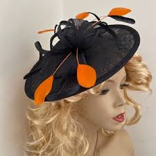 One off Piece Large Navy Blue & Orange Straw Hat Fascinator Wedding Guest  Races Ladies Day Disc Headband Hairband Hatinator Big U10302