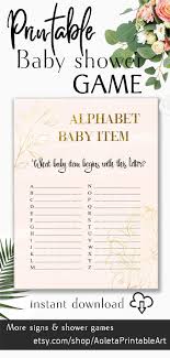 Scratch and win baby shower games are like lottery quick picks, creating a moment of excitement (you decide what the prizes will be), while spin the bottle baby shower game nudges players into the most ridiculous dares' when the bottle spinner lands on their quadrant. Alphabet Baby Shower Game Abc Baby Items Game Printable Baby Game Blush Pink Gold A Z Baby Game Coed Baby Games With This Letter Game Aoleta