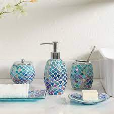 Available in compact and larger sizes, our trays are perfect for displaying soap dispensers, tissue boxes, toothbrush holders and more. Buy Whole Housewares 5 Pieces Bathroom Accessory Set Bright Colored Mosaic Glass Bath Ensemble Lotion Dispenser Toothbrush Holder Cotton Jar Vanity Tray Soap Dish Mermaid Online In Uzbekistan B087g67573