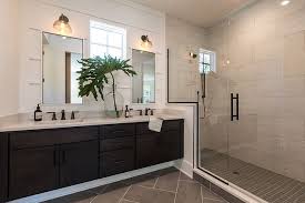 Modern Farmhouse Bathroom With Large Shower With 12x24 Tile Herringbone Floor Tile Floati Modern Farmhouse Bathroom Large Bathrooms Farmhouse Master Bathroom