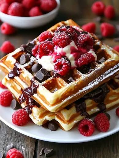 Raspberries Crème Waffle: A Belgian waffle topped with raspberry mascarpone mousse, fresh raspberries, white chocolate shavings, powdered sugar dustings.