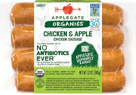 Apple chicken sausage is made with a few ingredients including chicken, dried apples and seasonings. Products Dinner Sausage Organic Chicken Apple Sausage Applegate