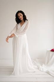 Chiffon Wedding Dress Unique Rustic Bridal Gown Simple Boho Long Elegant Wedding Dress With Sleeves A Line Bridal Dress V Neckline Simple Elegant Wedding Dress Wedding Dresses Unique Wedding Dresses