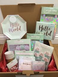 Hello World Baby Shower Party Box Filled With Themed Plates Napkins Cups Banner Fabric Mum To Be Mint Baby Shower Green Baby Shower Baby Shower Cake Table