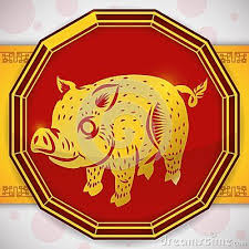 Chinese Zodiac Animal Pig In A Golden Silhouette Inside A Red And Glossy Dodecagon Shape And A Golden Ribbon Chinese Zodiac Chinese Zodiac Signs Illustration