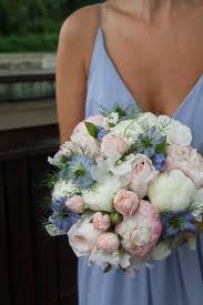 The Bouquets In Pale Pastel Hues Blush Pink Pale Wedgewood Blue And Ivory Matched The Bridesmai Blue Wedding Flowers Pastel Wedding Blue And Blush Wedding