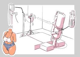 ha ku ronofu jin, 1girl, arms behind back, bdsm, bondage, bound, breasts,  camera, diagram, lock, microphone, predicament bondage, shorts, suspension  - Image View - | Gelbooru - Free Anime and Hentai Gallery