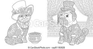 Color dog coloring pages online with this great free coloring app for kids. Coloring Pages With Cat And Pug Dog Coloring Pages Leprechaun Cat With Gold Pot And Pug Dog In Retro Tuxedo And Hat Line Canstock