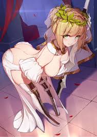 langya beike, nero claudius (bride) (fate), nero claudius (bride) (third  ascension) (fate), nero claudius (fate), fate (series), highres, 1girl,  ass, back, bare shoulders, bent over, blonde hair, blush, boots, breasts,  butt crack,