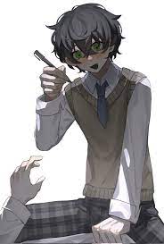 kylar (degrees of lewdity), player character (degrees of lewdity), degrees  of lewdity, highres, 1boy, 1other, black hair, calasile, green eyes, male  focus, necktie, open mouth, pen, school uniform, simple background, solo,  sweater,