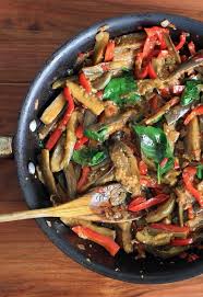 Spicy Thai Eggplant With Red Peppers And Thai Basil Spicy Eggplant Stuffed Peppers Vegetarian Cooking