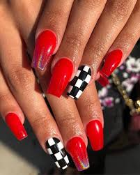 Black And Red Acrylic Nails Ideas Pin By Ruby Al On Nails Checkered Nails Red Acrylic Nails Fake Nails