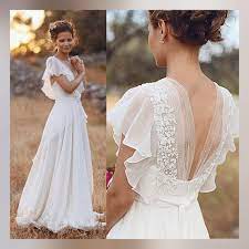Elegant A Line Ivory Flower Cap Sleeve V Neck Chiffon Open Back Wedding Dresses Uk Ph376 Gelinlik Vintage Gelinlikler Tul Gelinlikler