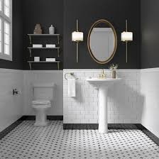 Half Tile Half Paint Like The Contrast Smallbathroomremodeling In 2021 White Bathroom Designs White Bathroom Tiles Bathrooms Remodel Green and blue bathroom features a white pedestal sink fixed against white hexagon floor tiles and accented with a chrome cross handle faucet fixed in front.