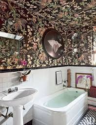 Black And White Floral Wallpaper Bathroom How An Arch Digest Editor Decorates A Pad For Arch Digest Bathroom Tile Inspiration Bathroom Wallpaper Bathroom Decor