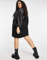 Asos Design Curve Oversized T Shirt Dress In Half Leather Look In Black Asos