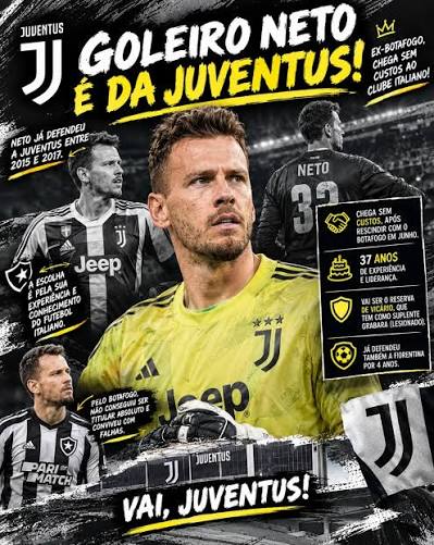 DE VOLTA &Agrave; JUVENTUS!🚨 ​O ex-goleiro do Botafogo, Neto, foi anunciado pela Juventus. O goleiro Neto rescindiu o seu contrato com o Botafogo em 26 de junho de 2026. O t&eacute;rmino do