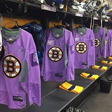 Boston Bruins On Instagram The B S Hockeyfightscancer Purple Jerseys Are Hung Up And Ready To Go With A Little Over Two Hours To Go Before Tonight S Game Aga