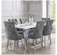 White Mirrored Dining Table With 6 Chairs In Grey Velvet Louis Furniture123 Grey Dining White Dining Room Table Grey Dining Room Table Grey Dining Tables