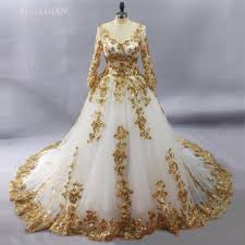 Newest Design Vestidos De Boda Plus Size Amazing White Wedding Dresses With Gold Lace Long Slee Lace Applique Wedding Dress Muslim Wedding Dresses Bridal Gowns