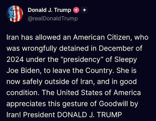 President Trump says Iran has released an American woman detained since 2024. Her identity is not immediately clear.