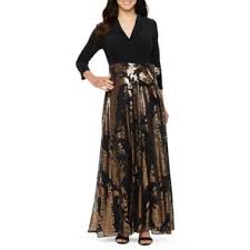 Black And Gold Tie Dye Dress Be By Chetta B 3 4 Sleeve Belted Evening Gown Evening Gowns Black Evening Gown Formal Dresses Long