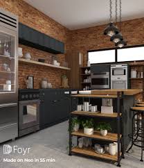 This kitchen features a light wood of these floors and cabinets balances the bold wall colors and dark countertops Industrial Kitchen Setup With Black Cabinets Wooden Top And Brick Wall In 2021 Industrial Interior Kitchen Industrial Style Kitchen Interior Design Kitchen