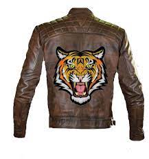Mens Cafe Racer Brown Tiger Motorcycle Biker Leather Jacket Biker Leather Long Sleeve Tshirt Men Cafe Racer